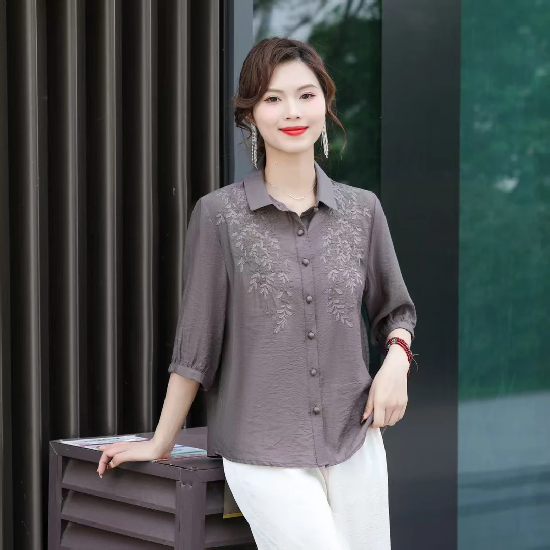 2025夏季新款牡丹刺绣衬衣开衫遮肉显瘦气质百搭经典减龄妈妈装