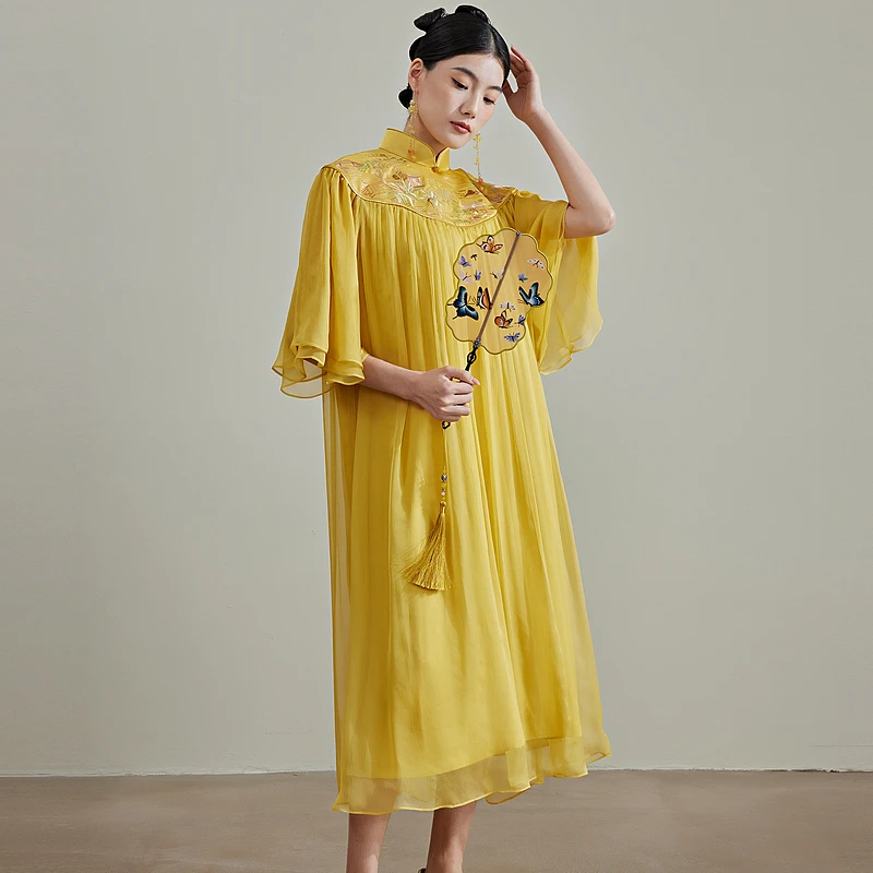 陌遇原创新款中国风改良100%桑蚕丝云肩刺绣旗袍连衣裙M236242-A