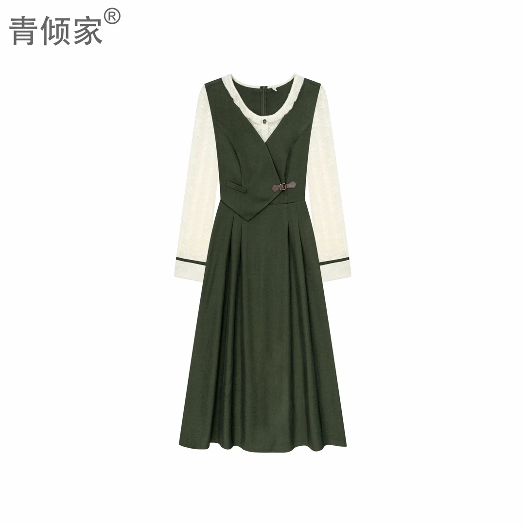 青倾家【琉森漫歌】新中式绿色连衣裙套装女春打底蕾丝连衣裙