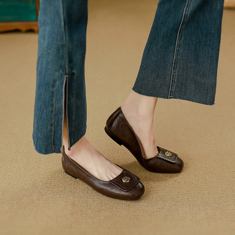 软皮版~法式韩版透气单鞋牛筋软底妈妈鞋方头舒适平底春秋百搭