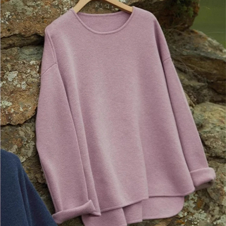 心居岁月 重磅宽松圆领羊绒套头衫 侧开叉/显瘦