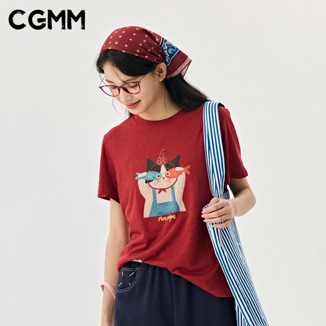 CGMM/橱柜密码新款时尚趣味小猫印花圆领百搭通勤短袖DSOMB5061