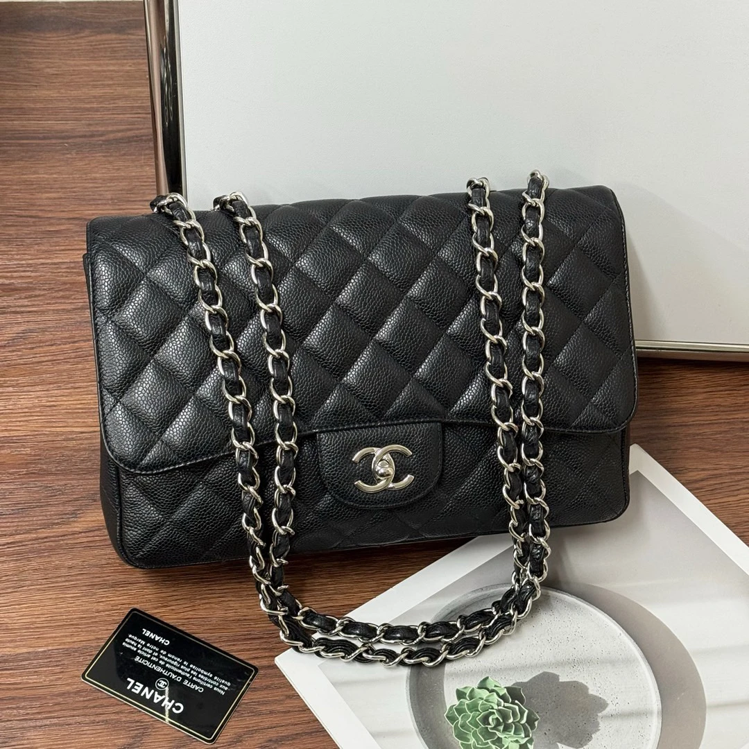 95新 Chanel/香奈儿 Chanel 黑银 荔枝牛 单盖jumbo/602207078