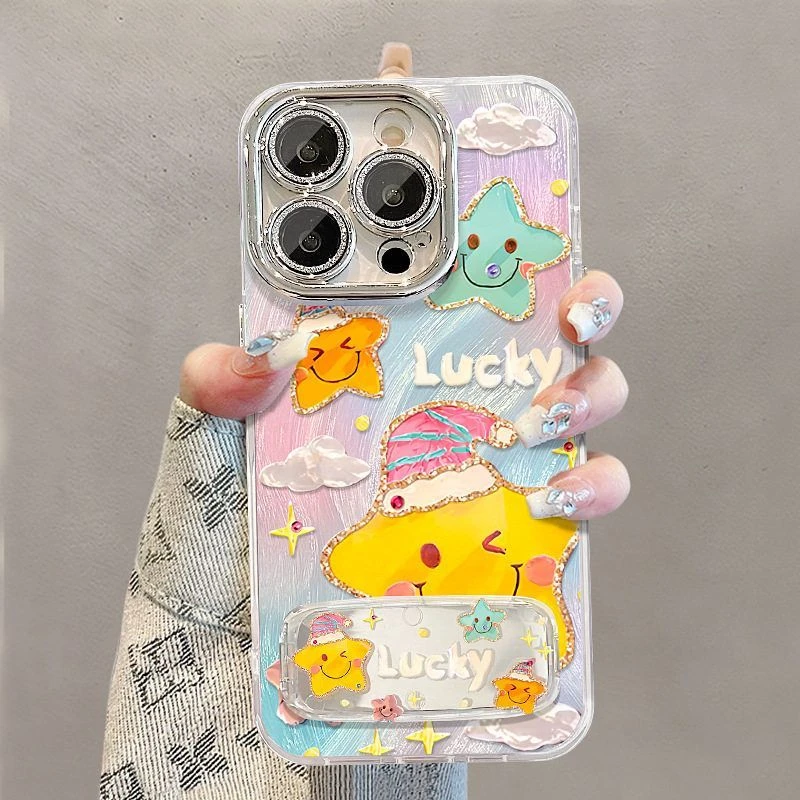 羽纱油画星星适用苹果手机壳华为pura70镜子支架13夏天可爱卡通1