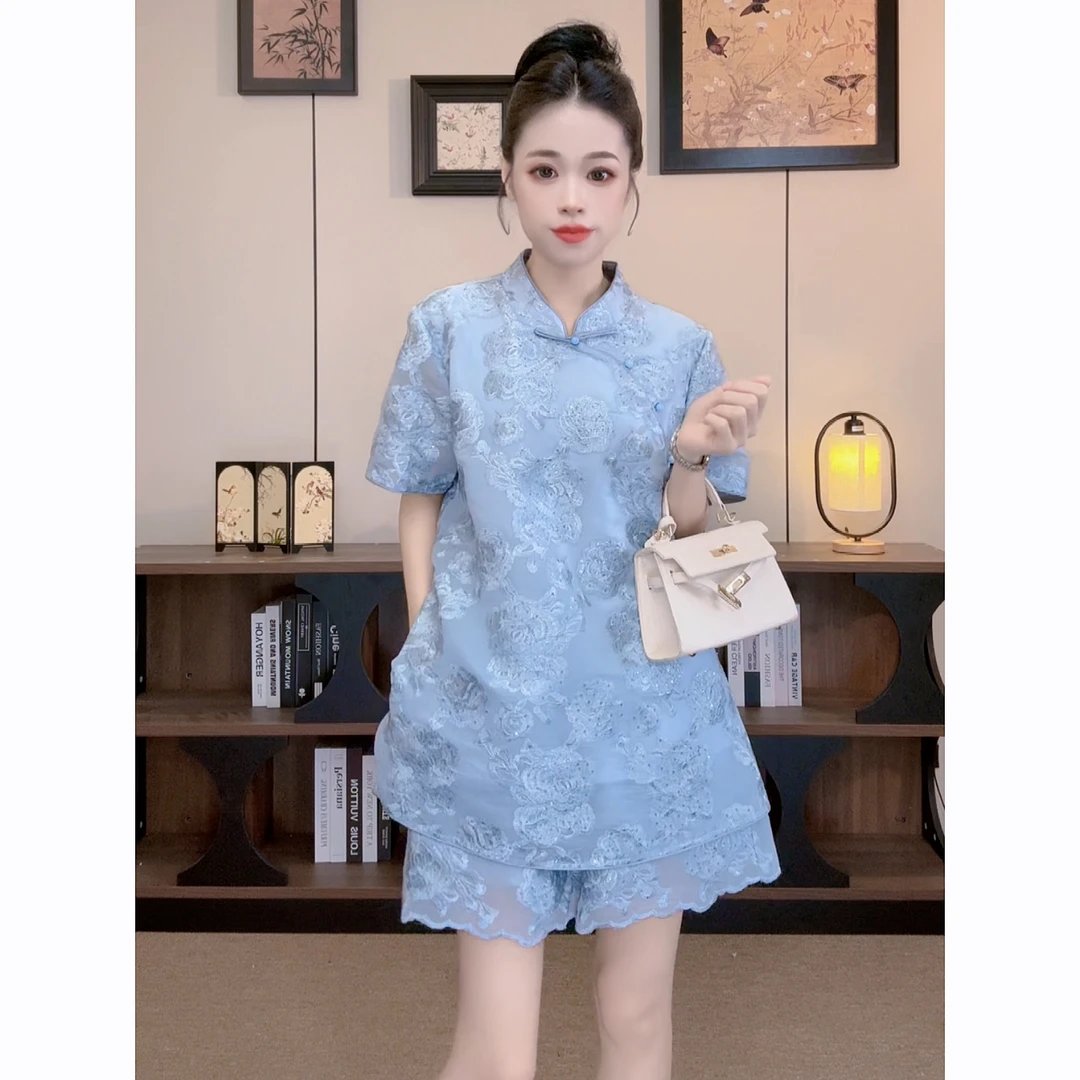 夜未央 新中式中国风时尚套装短袖连衣裙女装夏季气质刺绣显瘦