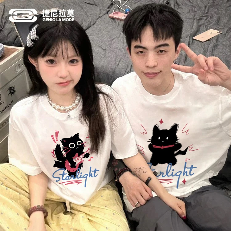 【敖瑞鹏代言】捷尼拉莫情侣装弹唱猫咪白色t恤2025新款纯棉短袖男