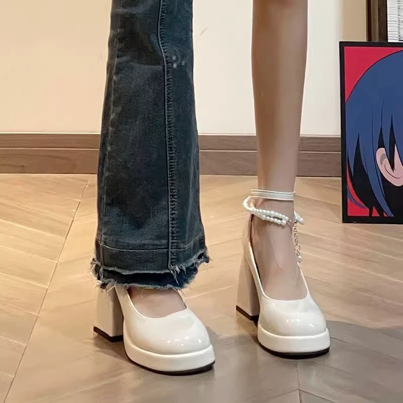 法式珍珠仙女风伴娘鞋玛丽珍鞋子防水台高跟鞋女一字扣带粗跟单鞋