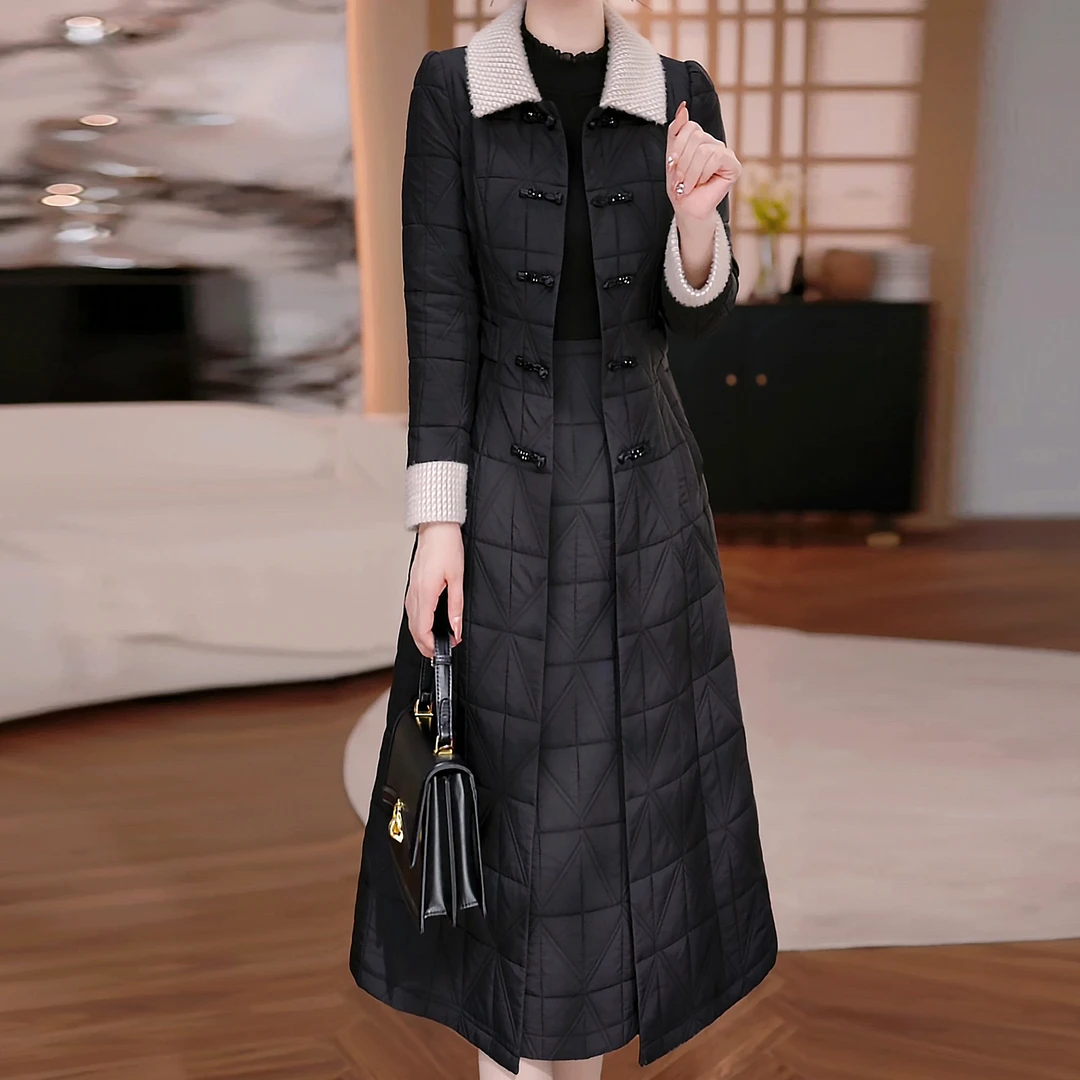 【棉服外套+连衣裙】加棉加厚两件套宽松型秋冬季长款大衣保暖冬装