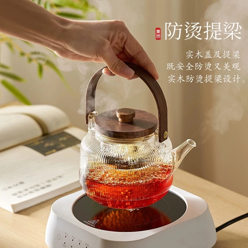 玻璃煮茶壶竖纹茶具套装电陶炉煮茶器下午围炉蒸泡白茶提梁烧水壶
