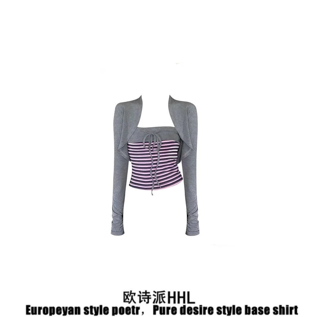 韩系氛围感巨好看的穿搭一整套女早秋季针织开衫抹胸上衣两件套装