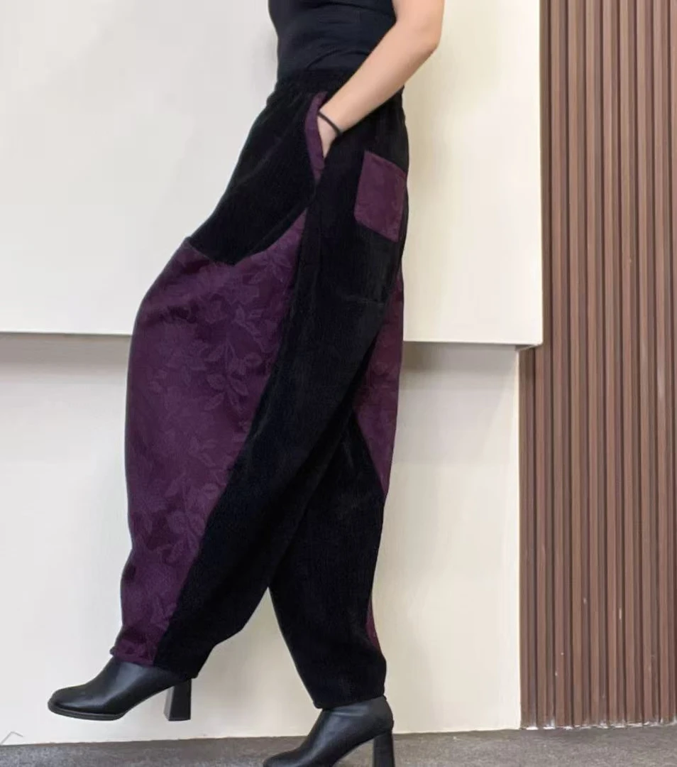 #088冬季加绒加厚高腰垂感休闲宽松拼接棉麻提花个性潮流哈伦裤