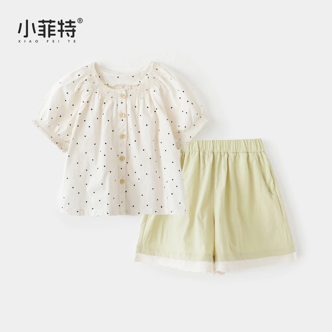 小菲特夏季新款女童休闲套装小女孩衬衫花边短裤两件套BGTX51890