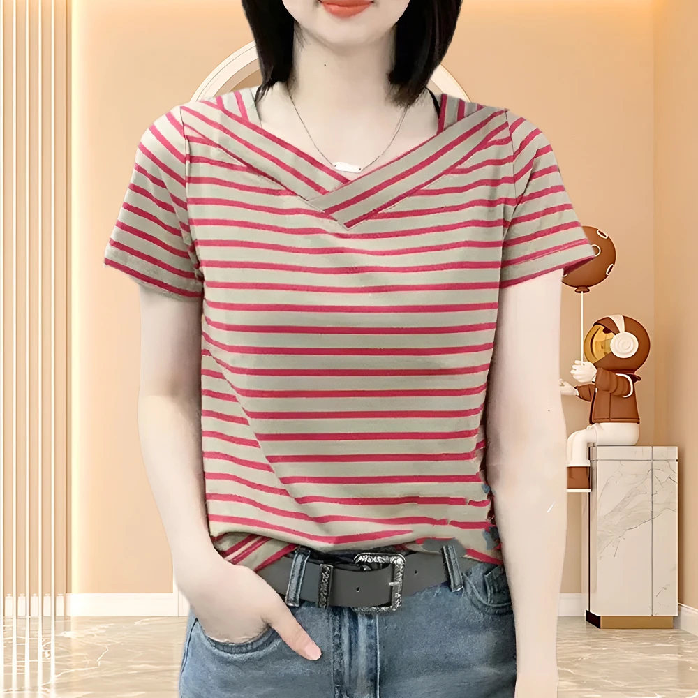 女士棉t恤夏季2025新款洋气衣服女减龄条纹妈妈装简约时尚百搭T恤