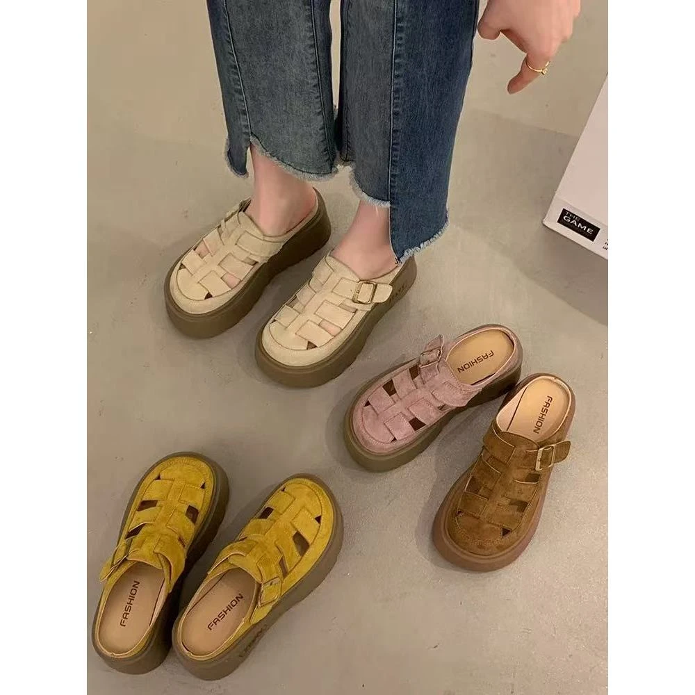 厚底增高包头半拖鞋女夏外穿2025新款复古勃肯鞋一脚蹬D2269-6