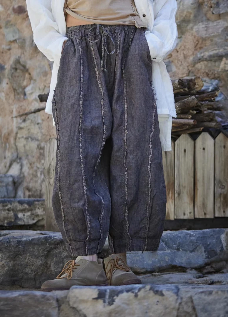 麻依者2024年夏季新款柔软做旧文艺复古百搭亚麻松紧腰灯笼裤1245