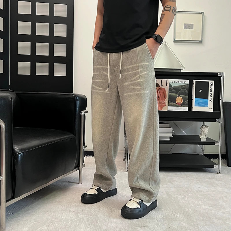 高街风宽松阔腿休闲裤男秋冬加厚抽绳直筒卫裤潮牌通勤百搭长裤男