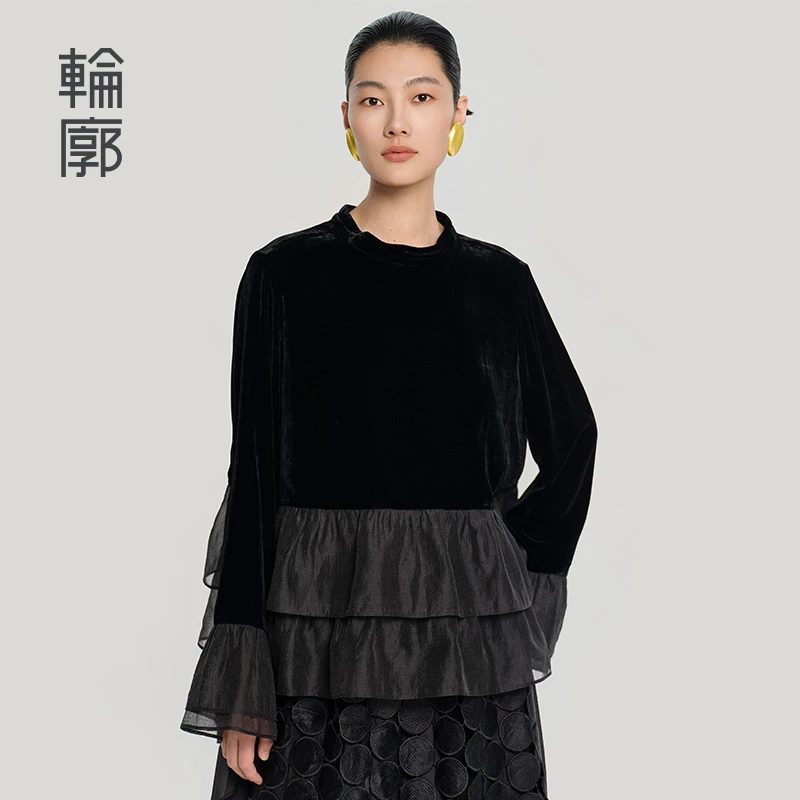 轮廓玄夜丝绒上衣小衫浪漫百搭荷叶边拼接立领拼接打底衫L251Y004