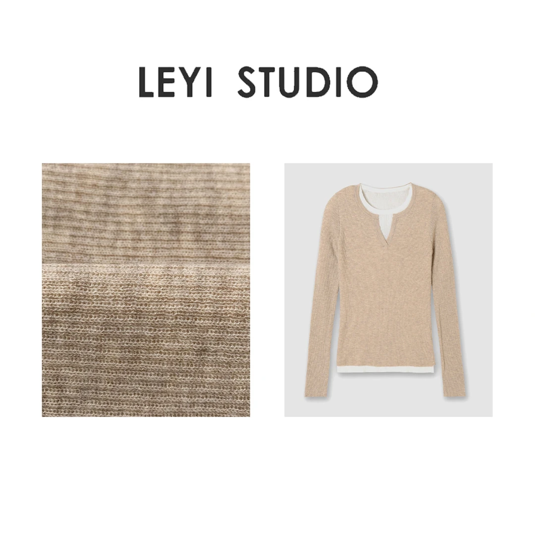 I L*P100羊毛手工压条假两件撞色圆领修身坑条简约针织衫-1022
