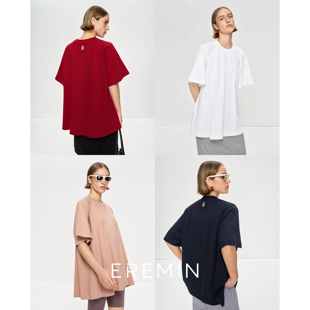 DE Mincollection多色伞T/A摆休闲廓形纯色插肩袖圆领T恤55143