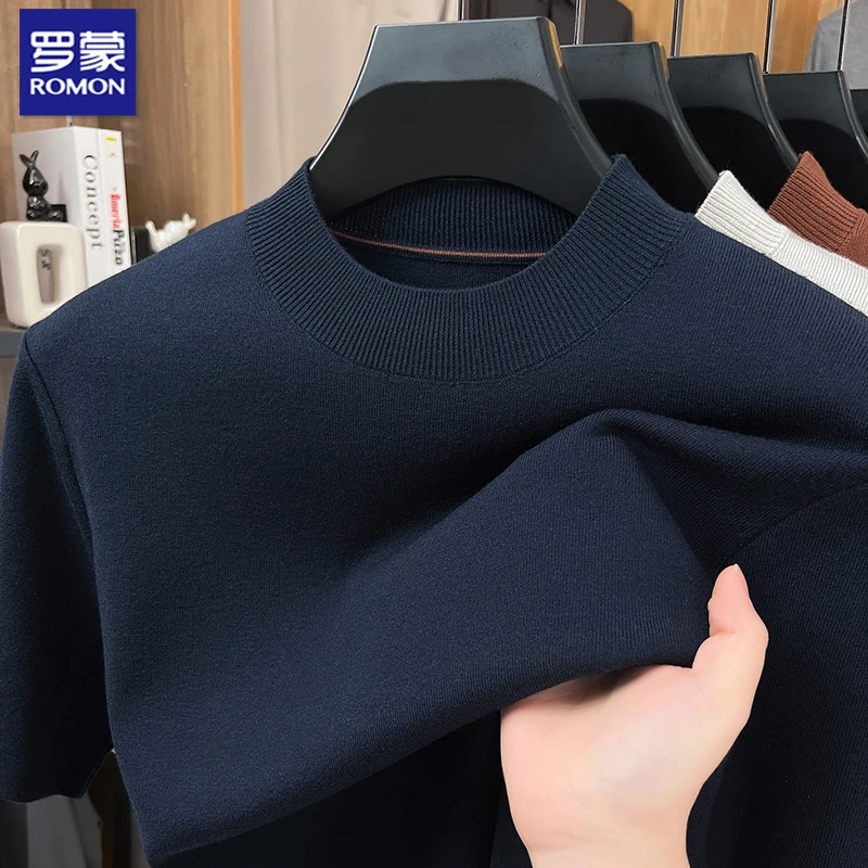 罗蒙2025年秋冬可机洗含绵羊毛短袖针织衫半高领纯色打底秋冬短袖