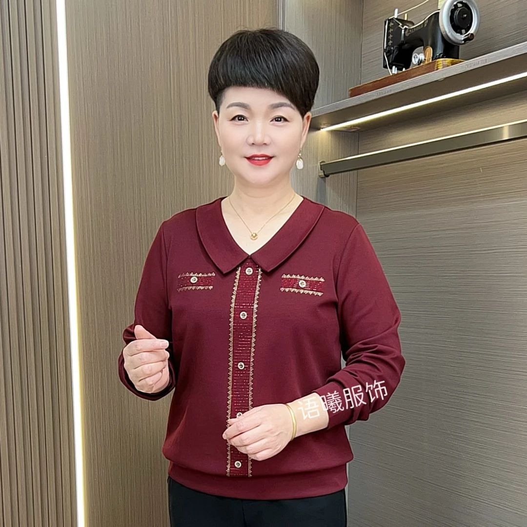 娃娃领长袖纯色轻奢风中老年女装秋季百搭小衫F9853