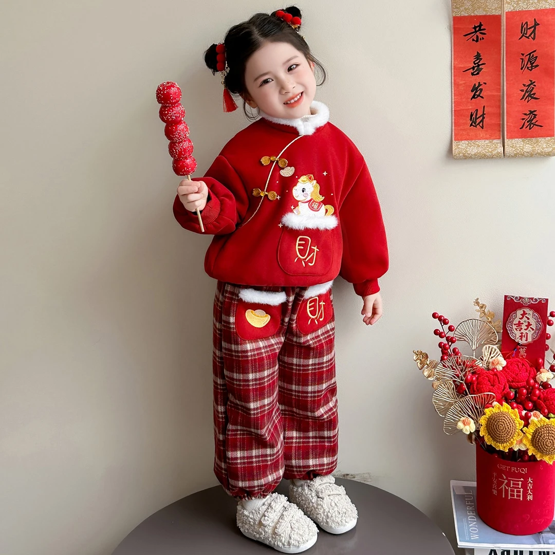 女童加厚拜年服秋冬季2025新款儿童新年装女宝宝喜庆过年衣服套装