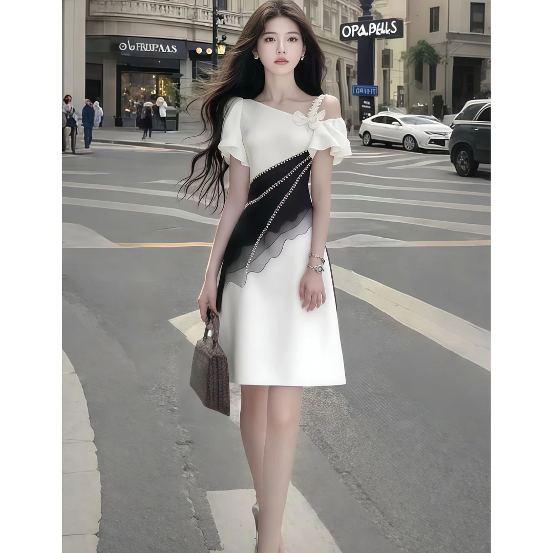 轻奢时尚高端大气设计感斜领露肩收腰连衣裙小众显瘦气质女装