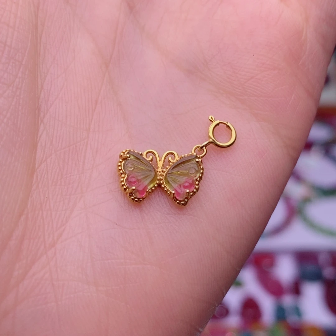 颈饰18K金镶嵌碧玺蝴蝶吊坠yy