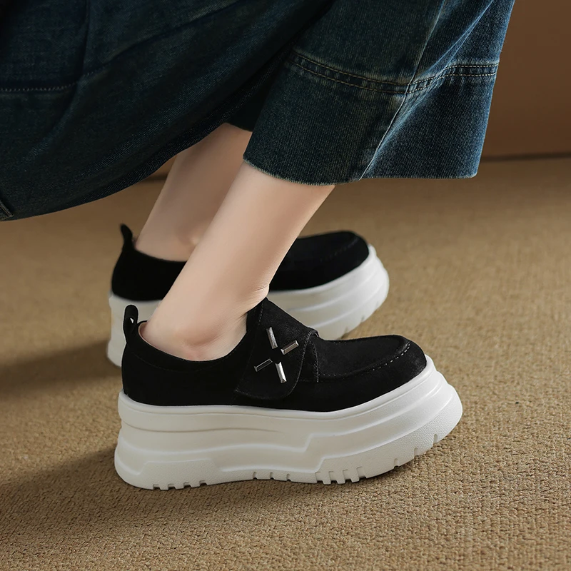 手工鞋/6CM高跟时尚厚底小皮鞋春秋舒适真皮乐福鞋松糕单鞋女M701