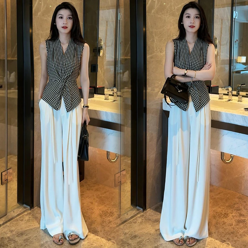 时尚套装女2025夏季新款洋气显瘦格子无袖背心阔腿裤休闲两件套潮