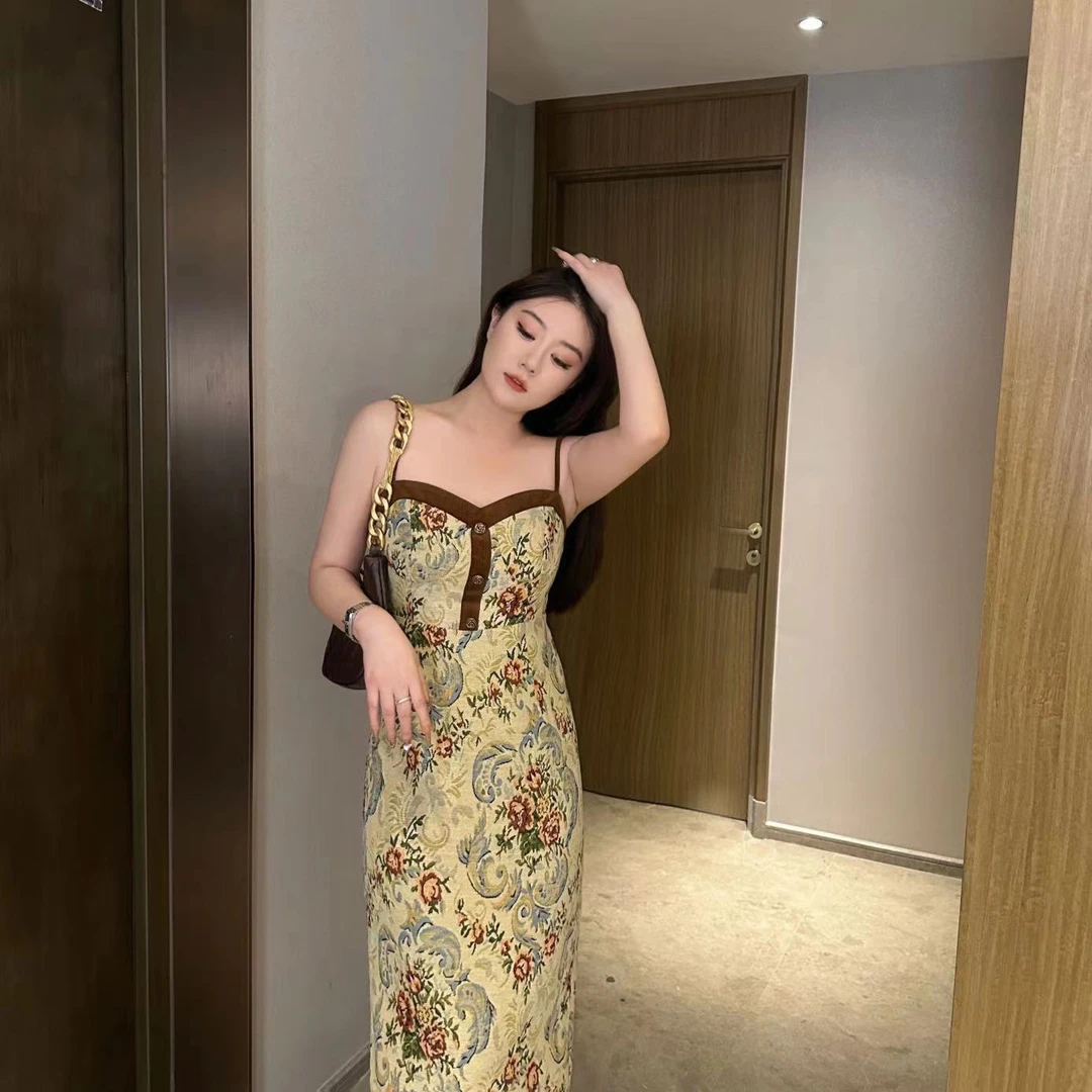 【琪琪推荐】大码女装精致复古清冷风气质印花吊带连衣裙D31937QQ