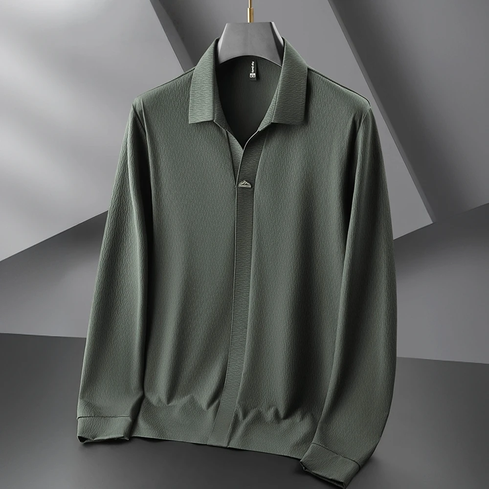 春秋季翻领长袖T恤男士加肥加大码纯色休闲上衣胖子高端商务男装