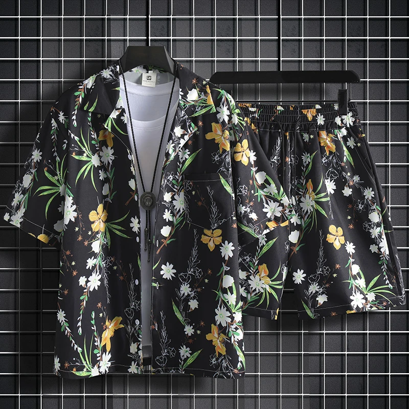 夏威夷沙滩花衬衫短袖男士宽松大码套装港风复古巴领衬衣短裤男装