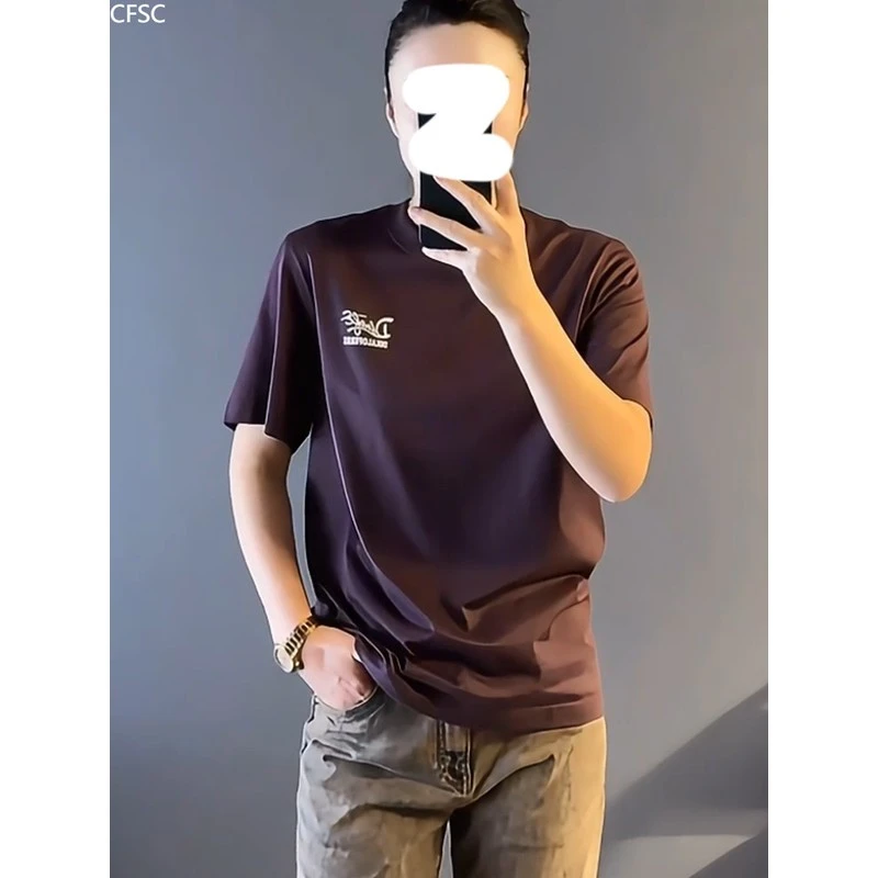 轻奢男装大码潮牌棕色纯棉夏季潮流上衣短袖奥莱圆领宽松冰丝T恤