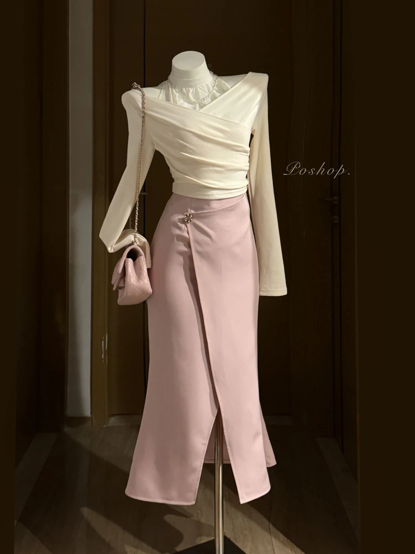 POSHOP 清楚系开鱼尾包臀裙套装 日系千金氛围感 显瘦