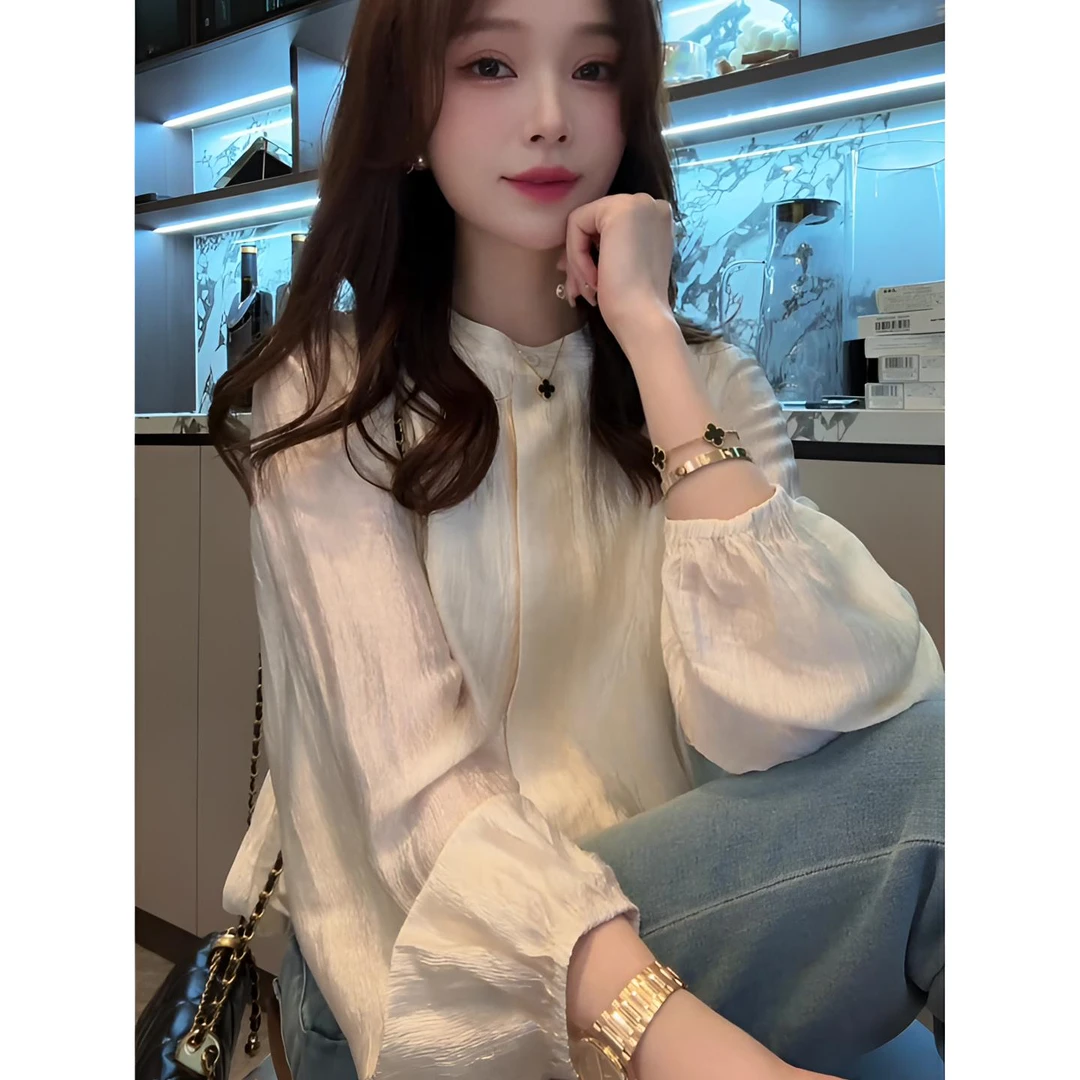 2025春季新款香槟色长袖衬衣女法式气质时尚洋气独特别致衬衫上衣