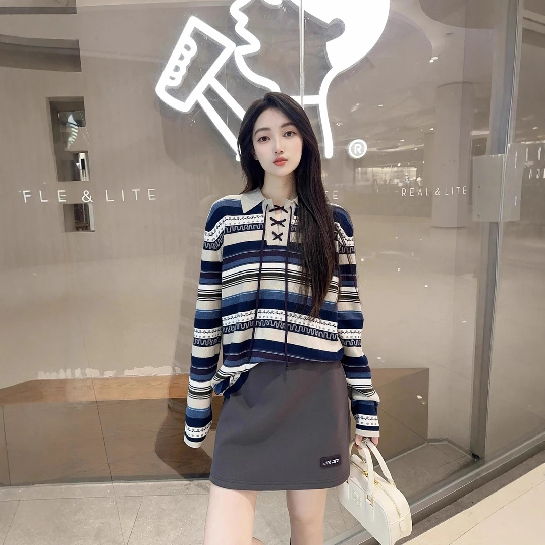 POLO领长袖条纹网红女毛针织衫打底时尚学院风针织