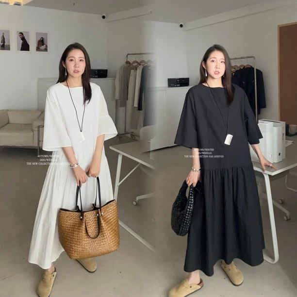 widelia休闲ins风拼接A字裙7192夏季连衣裙宽松腰时尚气质中长款
