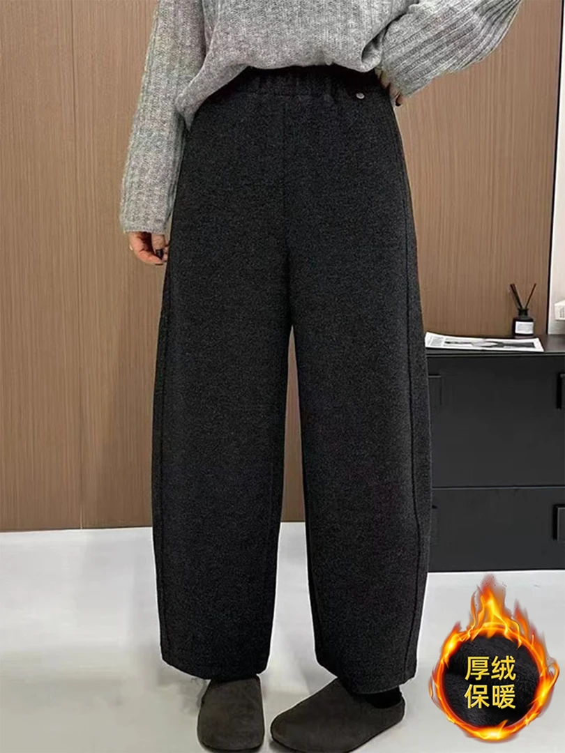 口袋秋冬高腰松紧腰极简风休闲裤女款裤子加绒加厚卫裤休闲运动裤