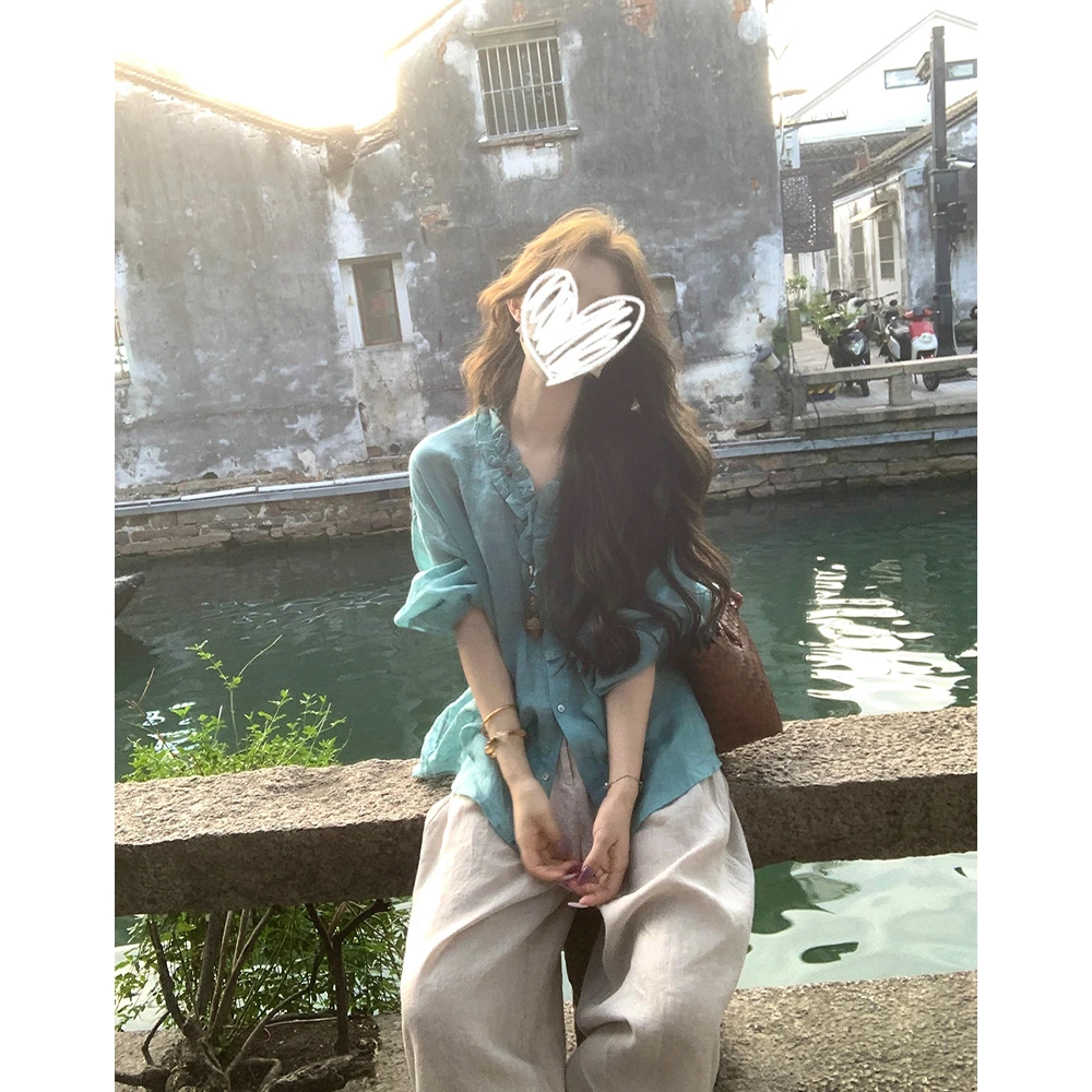 三色慵懒感莱赛尔衬衫上衣女+松弛慵懒感长裤两件套21877#