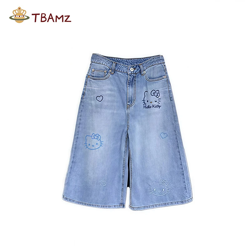 TBAMZ 蓝色刺绣Kitty猫中腰直通牛仔七分裤 7825DK355