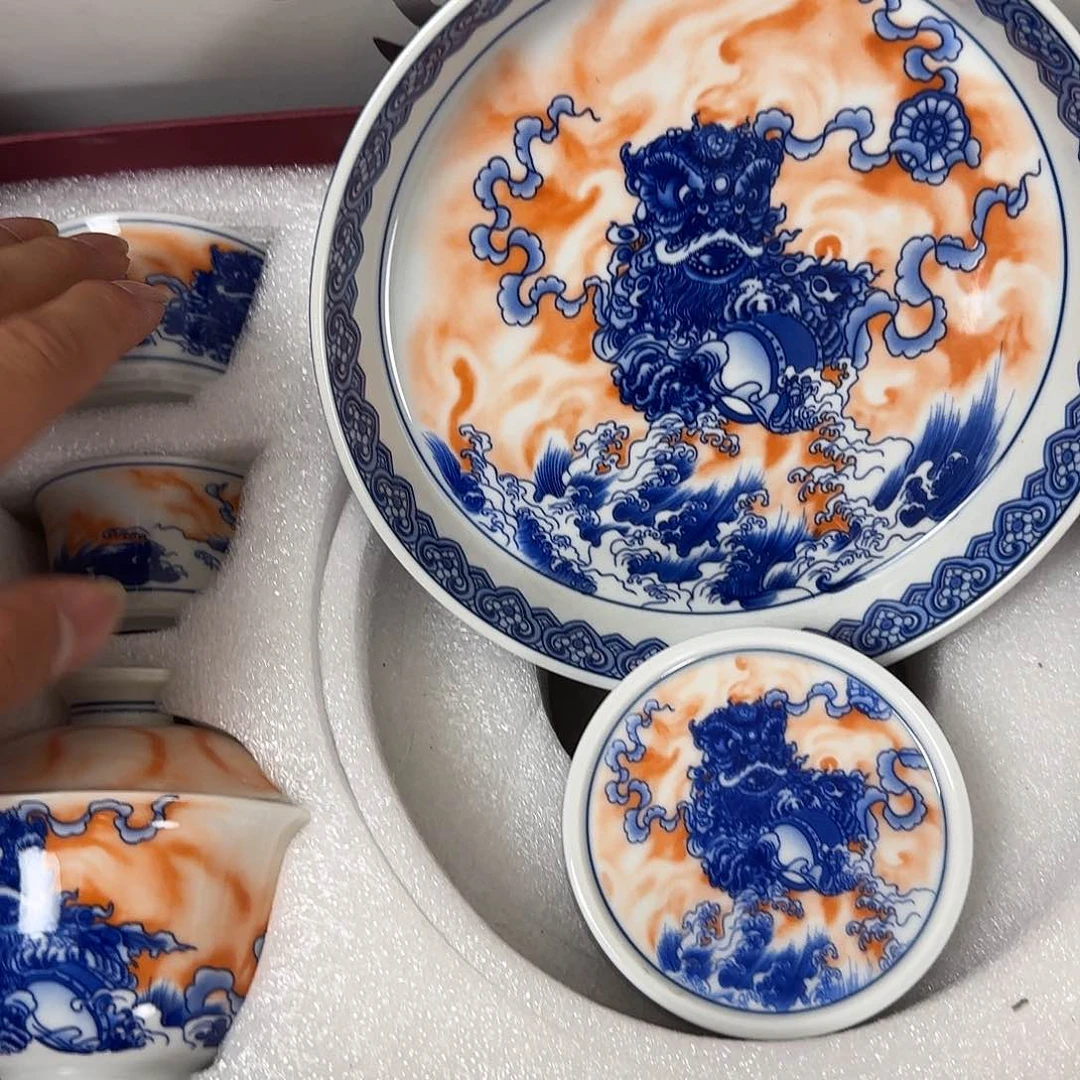 瓷片景德镇梵红醒狮五件套
