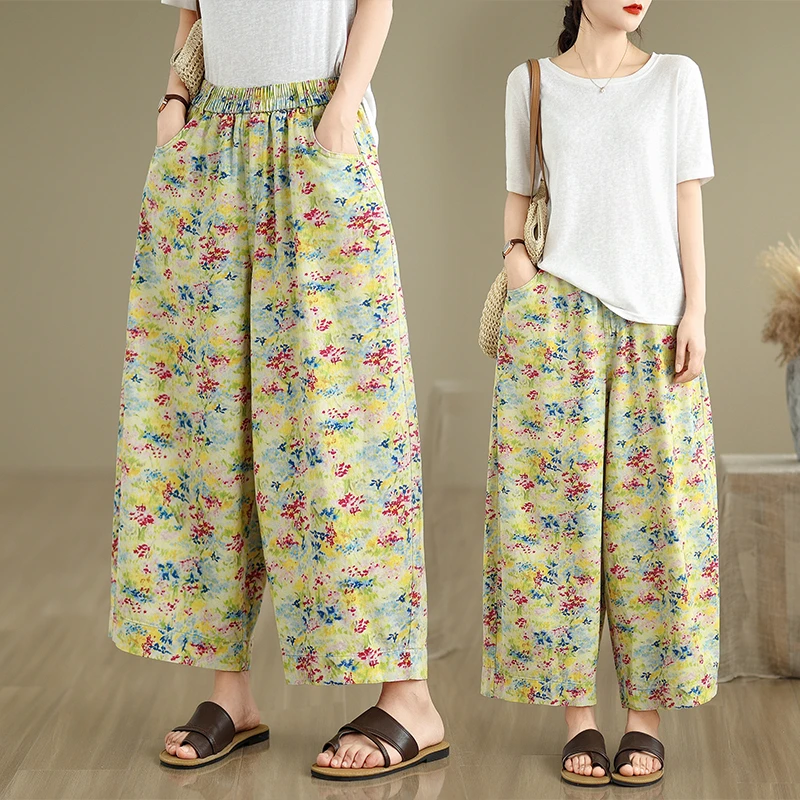 夏季新款松紧腰九分裤阔腿裤薄款女裤子印花微弹力牛仔裤直筒裤子