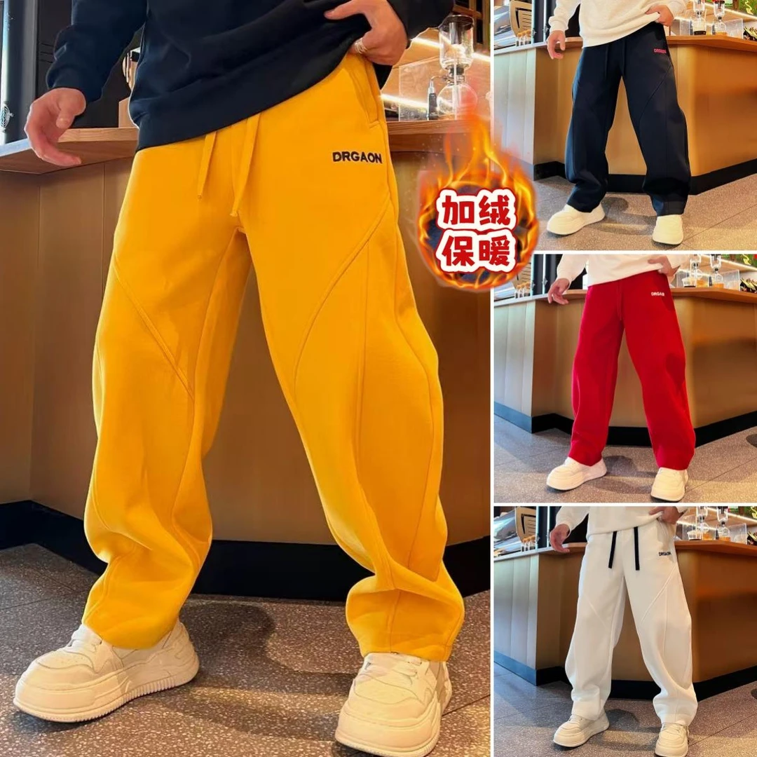 冬季新款美式潮牌加绒时尚休闲裤直筒宽松型刺绣百搭潮流百搭卫裤