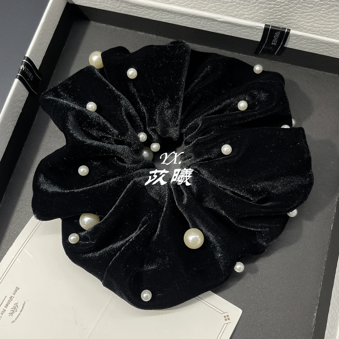 韩国高级感绒布珍珠褶皱大肠发圈丝绒黑色法式复古发绳皮筋头绳女