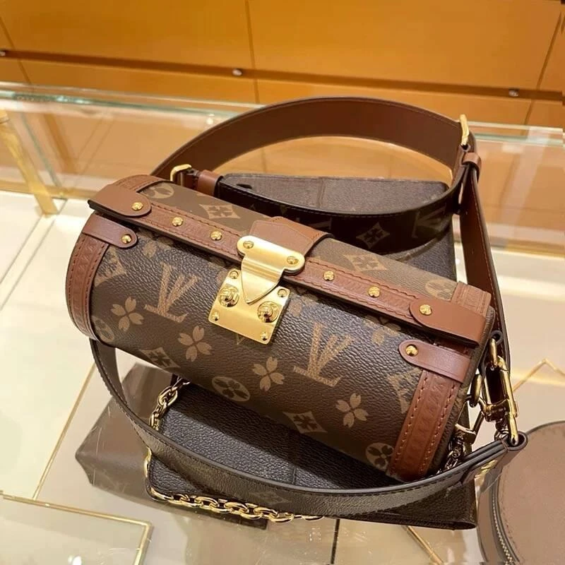 香港正品2025新款真皮奢侈品女包老花巴比龙圆筒包单肩斜挎链条包