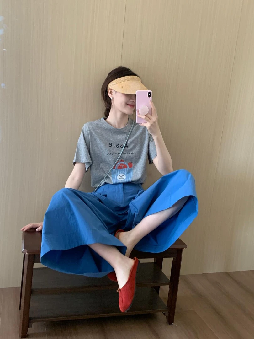 2025夏季新款韩系穿搭慵懒风短袖T恤上衣搭配阔腿裙裤两件套女潮