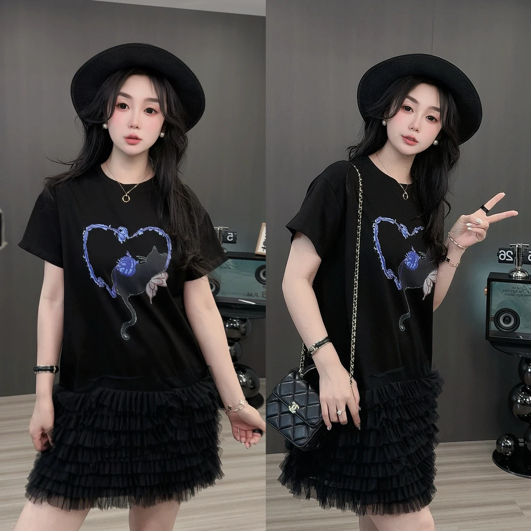 黑色网纱拼接连衣裙2025夏季新款女韩版大码中长款显瘦a字t恤裙子