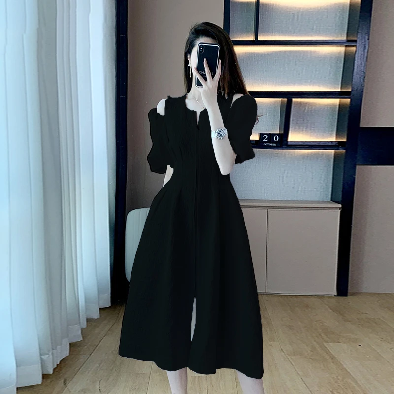 【有里布】2025新长款轻熟风法式高级感泡泡袖小香风白色连衣裙6922