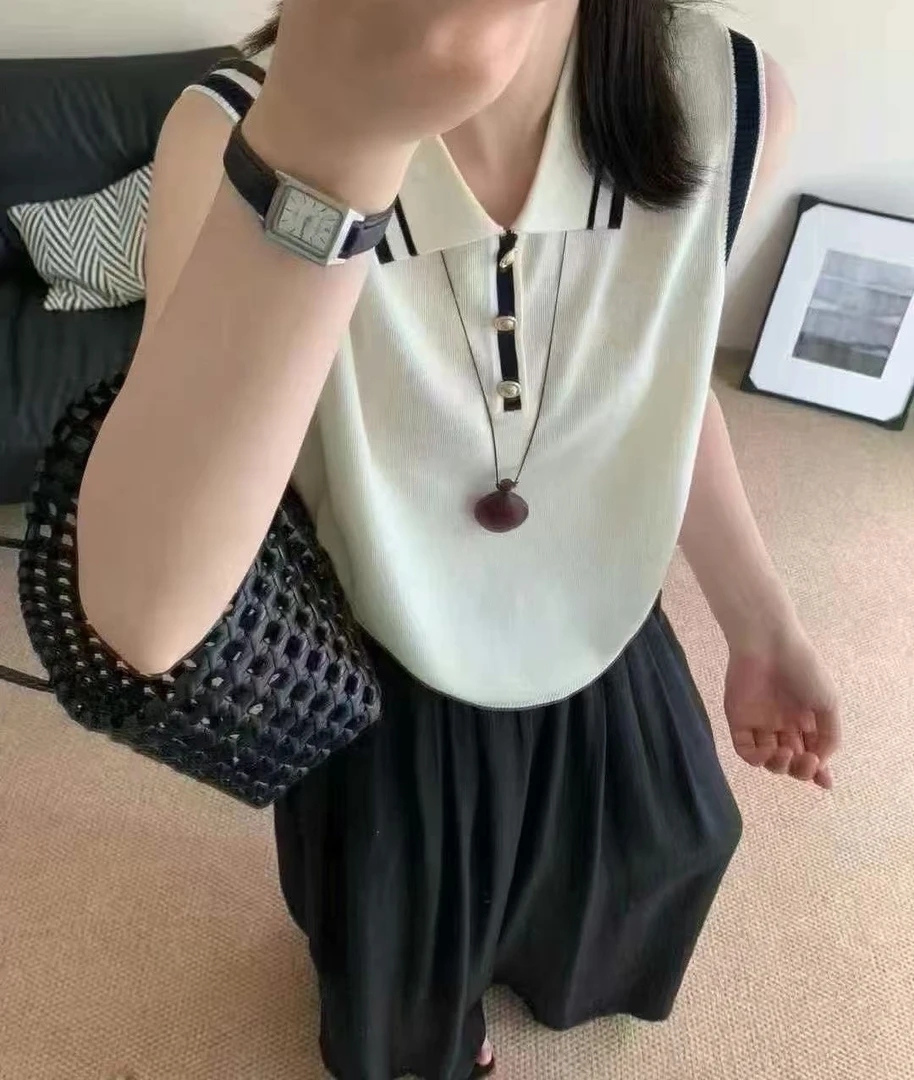 Manmi 撞色拼接刺绣标无袖针织POLO衫  756